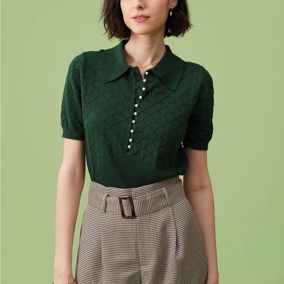 Rihoas Green Short Sleeve Textured Lapel Knit Tee - Picture 1 of 6